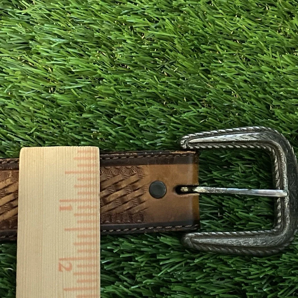 Vtg Justin Boots Leather Western Tooled Basketweave Belt 704 TN Silver Buckle 42